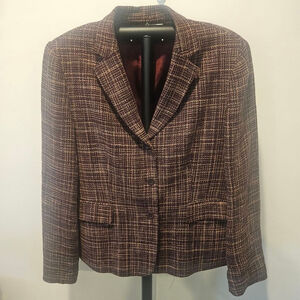 Women's Jones New York Vintage Linen Blend Burgundy Multi Plaid Blazer Jacket 12